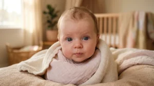 Bébé aux yeux grands ouverts, expression innocente, apprenant comment savoir si bébé a faim.