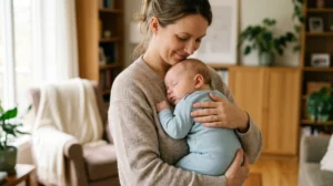 Bébé apaisé dans les bras de son parent, symbole de réconfort face aux coliques infantiles.