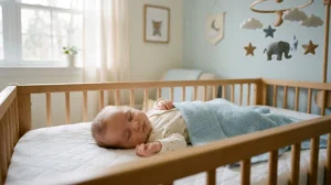 Bébé endormi paisiblement dans son berceau, signe de confort et de bien-être.
