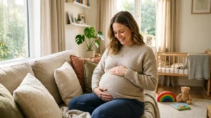 Femme enceinte souriante réfléchissant paisiblement à l'agrandissement de sa famille.