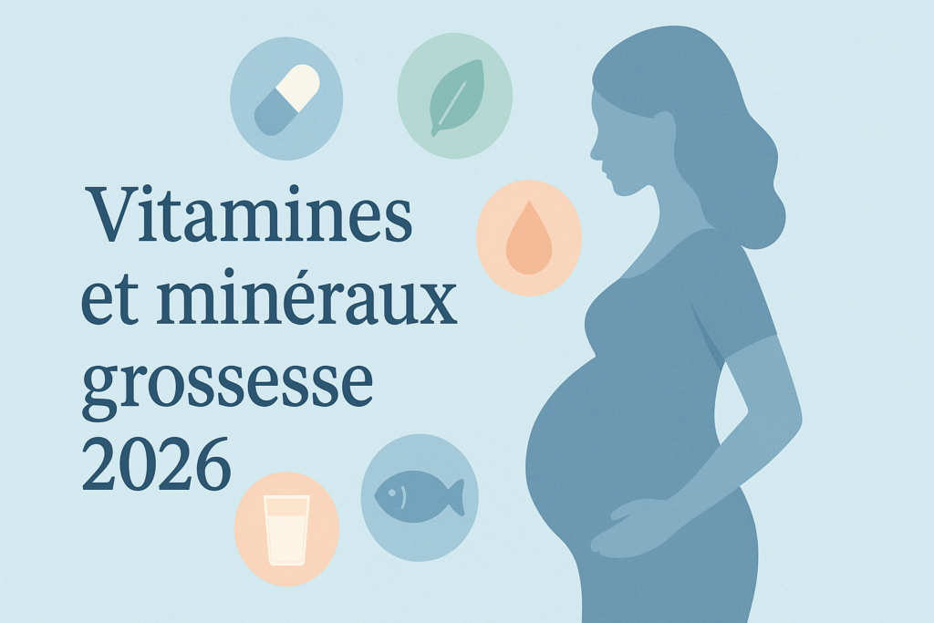 Illustration Vitamines et minéraux grossesse 2026 avec femme enceinte et icônes nutriments