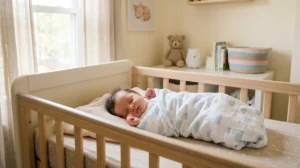 Bébé de 3 mois dormant paisiblement dans un berceau douillet, lumière naturelle douce.