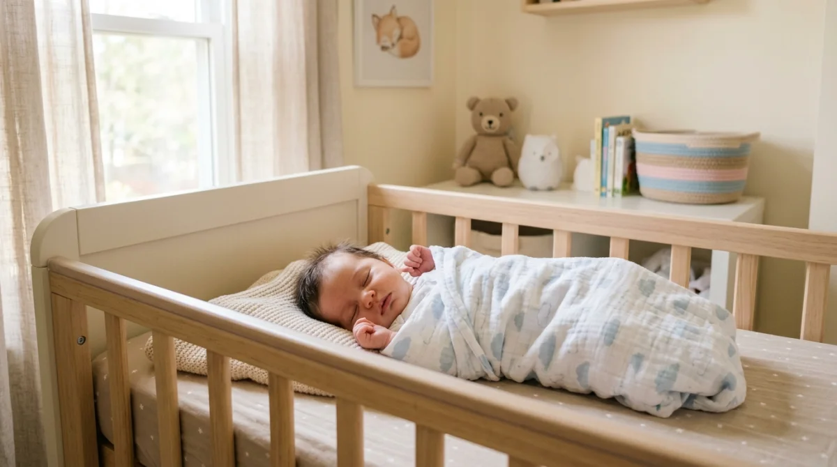 Bébé de 3 mois dormant paisiblement dans un berceau douillet, lumière naturelle douce.
