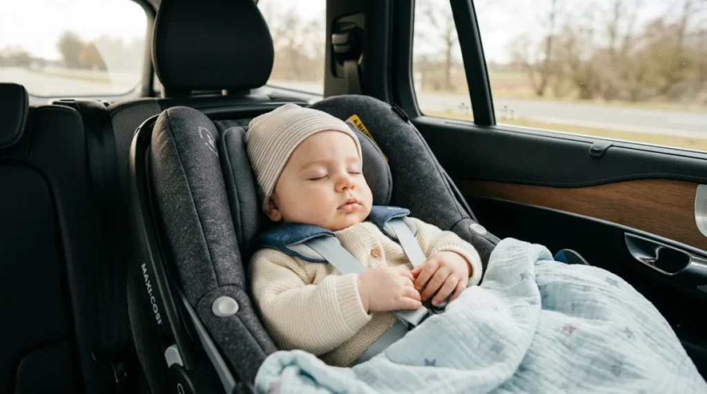 Bébé endormi en sécurité dans un siège auto cosy, idéal pour les longs trajets.