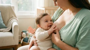 Bébé souriant lâche et reprend le téton, illustration de l'allaitement maternel.
