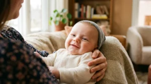Bébé paisible et souriant dans des bras, image de sérénité et de calme.