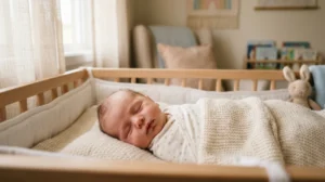 Bébé endormi dans son berceau, visage paisible mais potentiellement perturbé, chambre d'enfant douce.