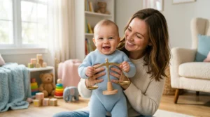 Bébé souriant dans les bras de sa mère avec une balance, symbolisant la croissance mensuelle du poids.