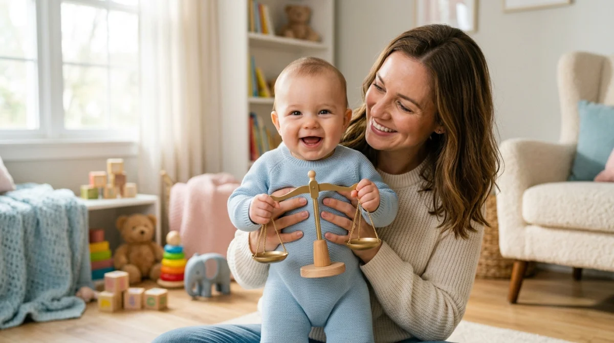 Bébé souriant dans les bras de sa mère avec une balance, symbolisant la croissance mensuelle du poids.