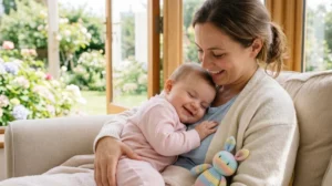 Bébé souriant et détendu sur les bras de sa mère, expliquant pourquoi bébé régurgite.