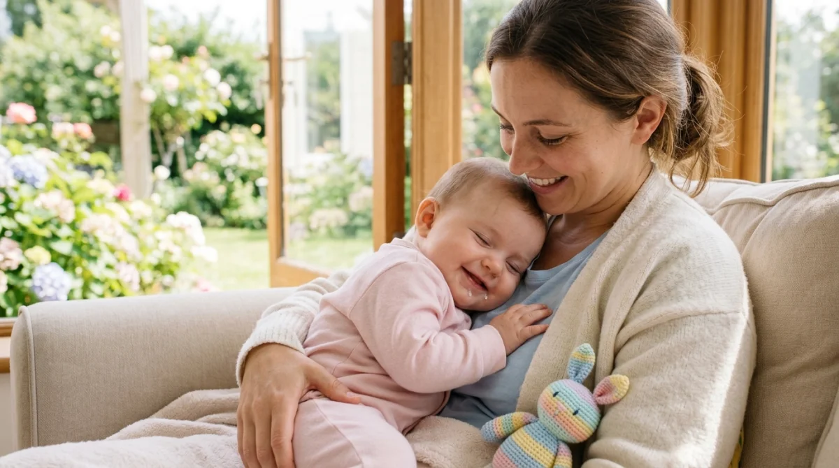 Bébé souriant et détendu sur les bras de sa mère, expliquant pourquoi bébé régurgite.
