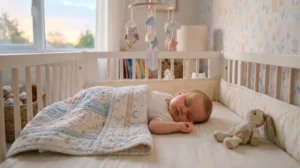 Bébé endormi paisiblement dans son berceau à l'aube, chambre douce et apaisante