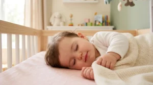 Bébé endormi paisiblement dans un berceau, chambre de bébé lumineuse et douce.