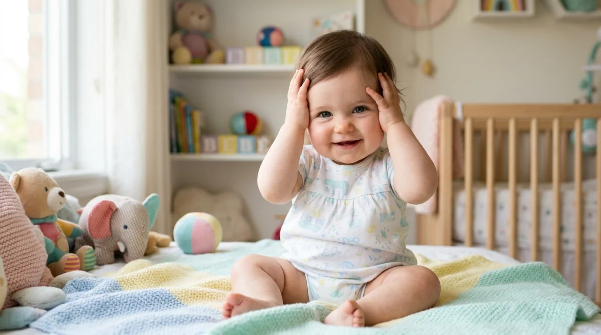 Bébé souriant se tape la tête avec la main dans une chambre confortable, geste curieux et joyeux.