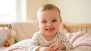 Bébé souriant tirant la langue, expression joyeuse et curieuse, photographie réaliste