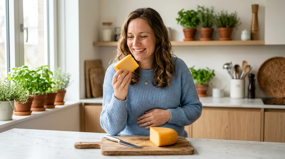 Femme enceinte souriante dans une cuisine lumineuse, s'apprêtant à déguster un morceau de fromage gouda.