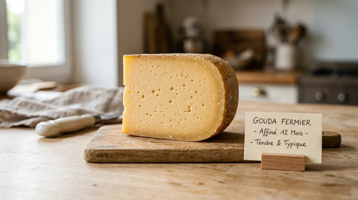 Part de fromage gouda jaune doré posée sur un comptoir en bois, idéale pour une alimentation enceinte.