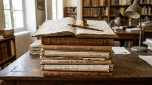 Dossiers administratifs et registres généalogiques anciens sur une table en bois pour des recherches sur le nom de famille américain.