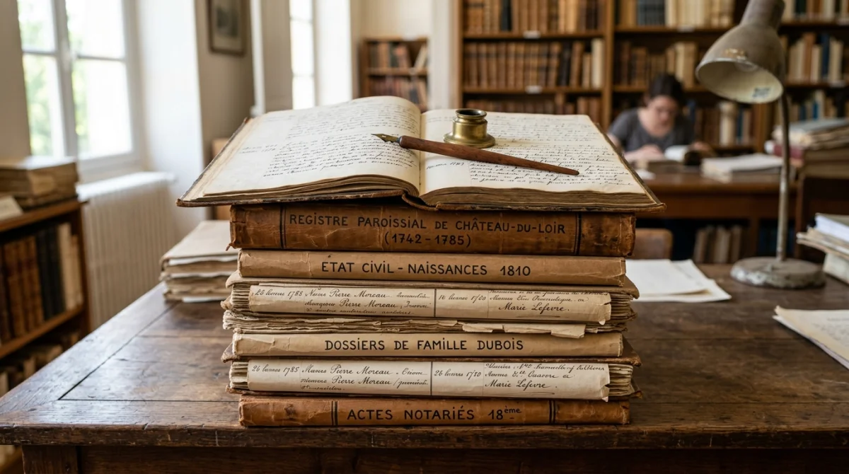 Dossiers administratifs et registres généalogiques anciens sur une table en bois pour des recherches sur le nom de famille américain.