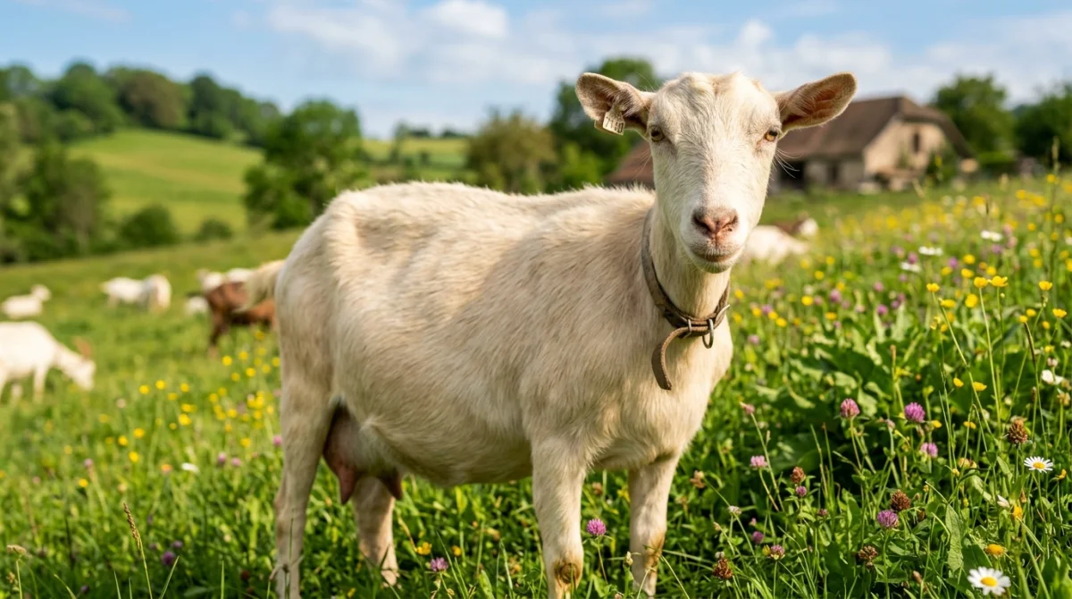 Chèvre enceinte paisible se tenant dans un pâturage verdoyant sous une douce lumière matinale.