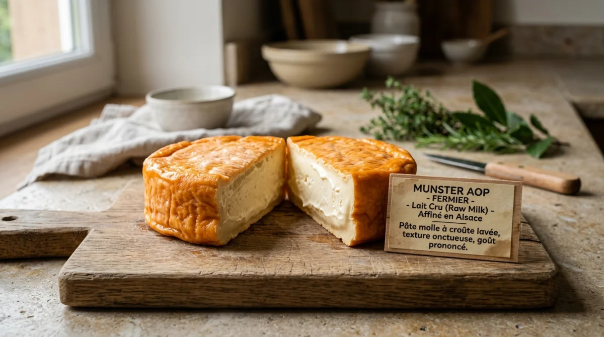 Plateau de fromage Munster authentique et crémeux sur une table rustique, idéal pour comprendre le Munster enceinte.
