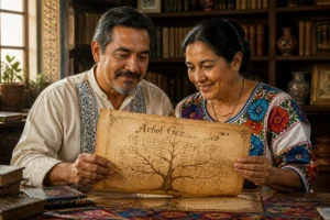 Couple mexicain consultant un arbre généalogique ancien dans une bibliothèque pour découvrir leur nom de famille mexicain.
