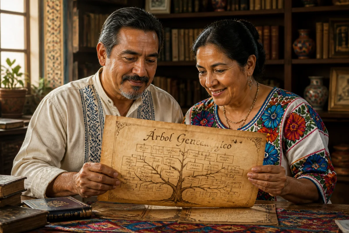 Couple mexicain consultant un arbre généalogique ancien dans une bibliothèque pour découvrir leur nom de famille mexicain.