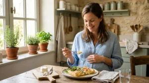 Femme enceinte souriante dégustant une tarte au chèvre chaud dans une cuisine lumineuse et rustique.