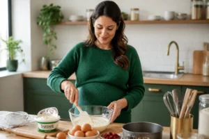 Femme enceinte souriante préparant un dessert sain avec du cream cheese dans une cuisine moderne et lumineuse.