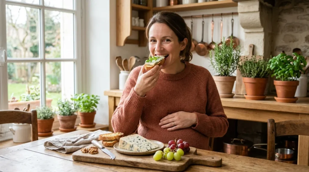 Femme enceinte souriante dégustant une tranche de Fourme d'Ambert sur un toast dans une cuisine rustique lumineuse.