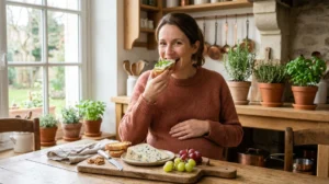 Femme enceinte souriante dégustant une tranche de Fourme d'Ambert sur un toast dans une cuisine rustique lumineuse.
