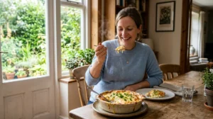 Femme enceinte souriante dégustant un gratin au munster dans une salle à manger rustique et lumineuse.