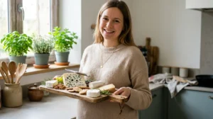 Femme enceinte souriante présentant un plateau de fromages incluant du roquefort dans une cuisine lumineuse et moderne.