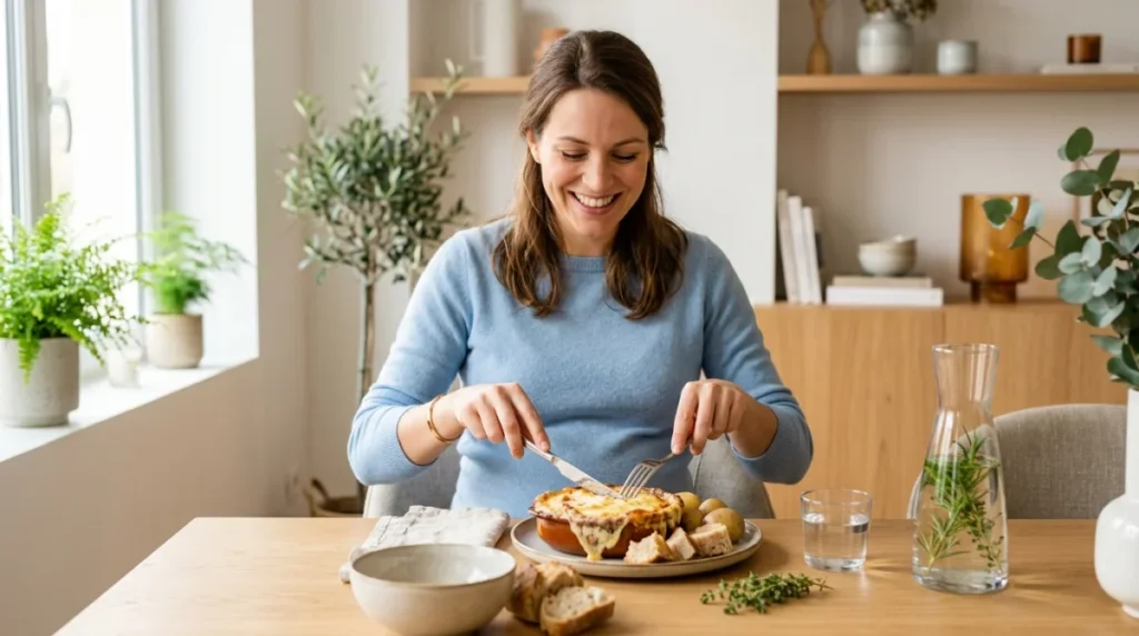 Femme enceinte souriante dégustant une assiette de tomme fondue gratinée dans une salle à manger lumineuse.