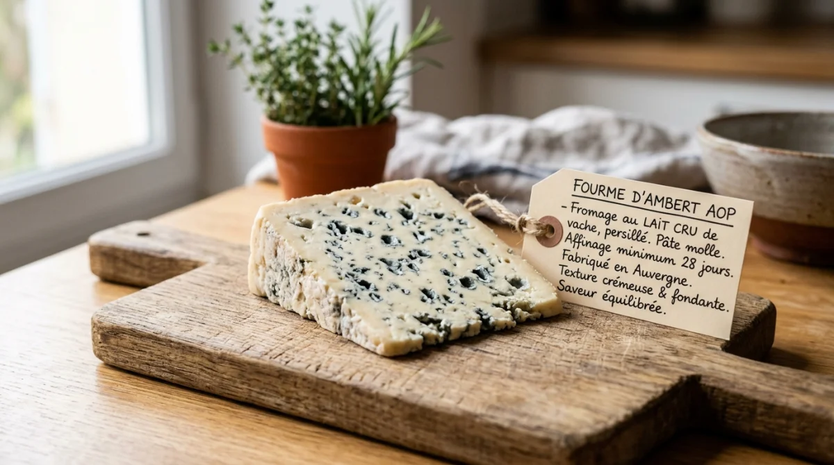 Part de Fourme d'Ambert pasteurisée sur une planche en bois, idéale pour les femmes enceintes.