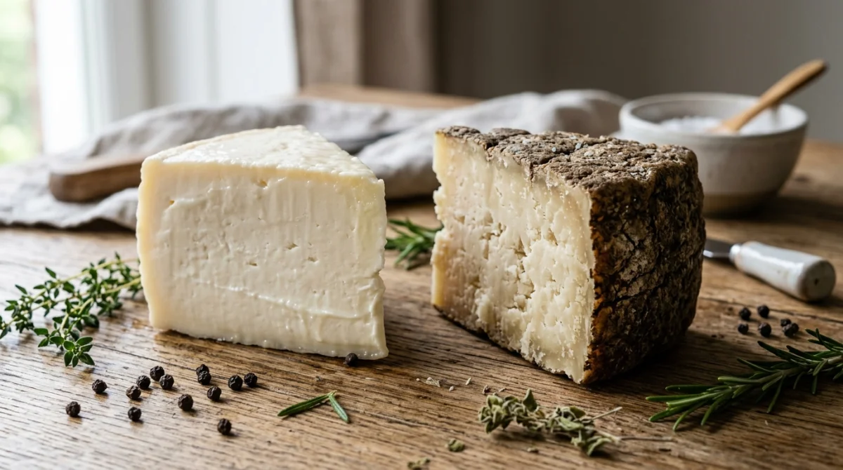Deux morceaux de fromage Pecorino contrastés, frais et affiné, disposés sur une table en bois rustique.
