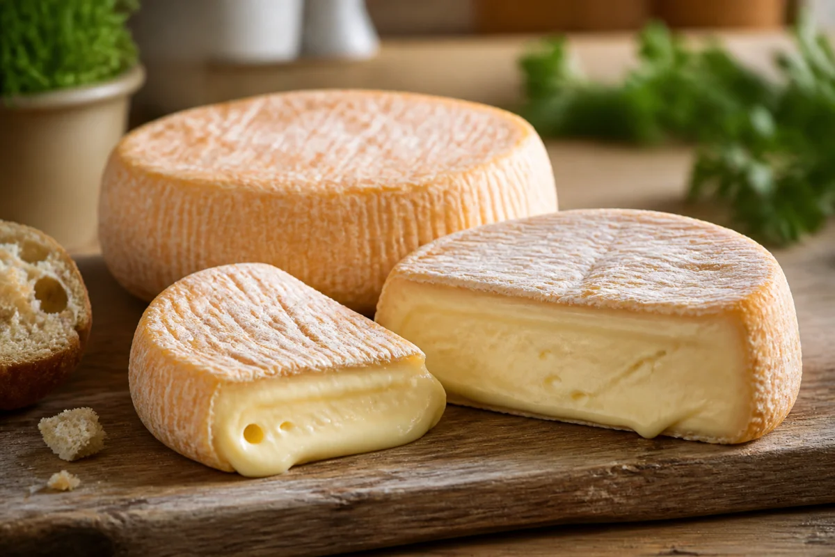 Planche de bois rustique présentant une sélection de fromage Taleggio à pâte molle, idéal pour une dégustation gastronomique.
