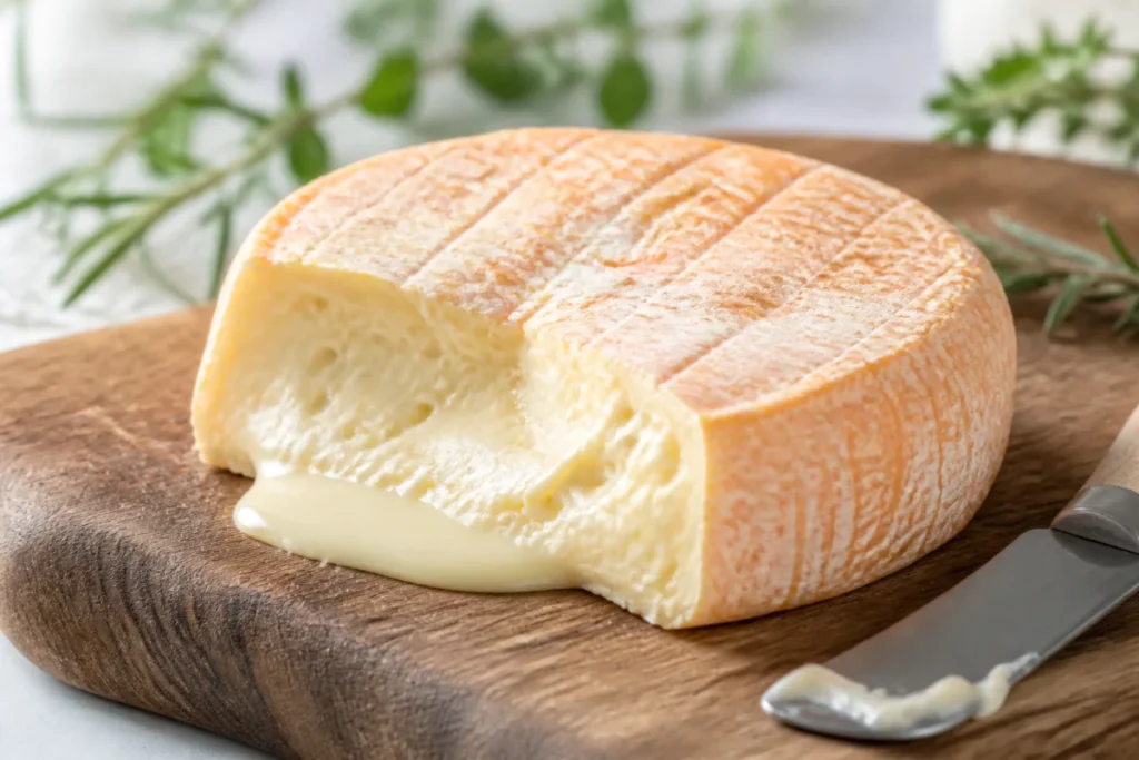 Portion de fromage Taleggio crémeux à croûte orangée posée sur une planche en bois rustique pour une dégustation.