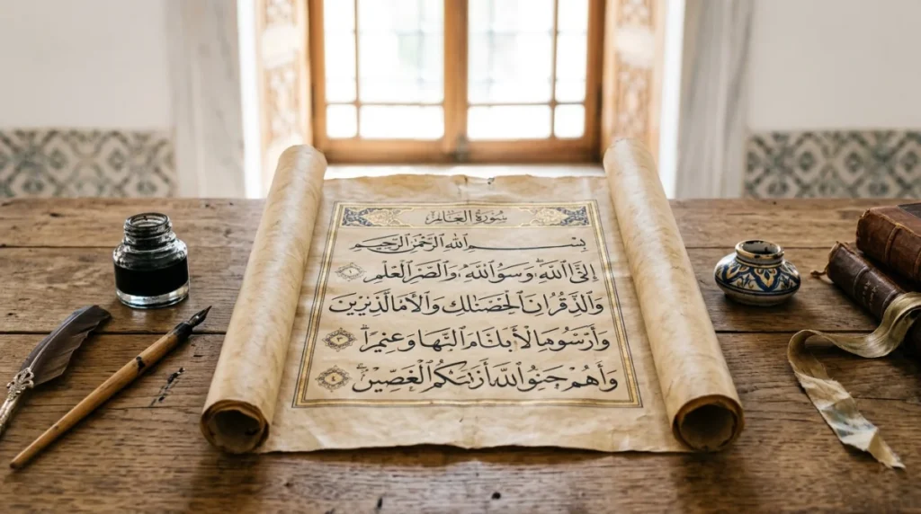 Parchemin ancien calligraphié et outils de scribe traditionnels illustrant l'histoire des noms de familles arabes sur une table.