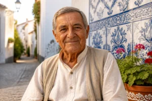 Portrait d'une personne âgée dans un village portugais traditionnel, illustrant l'héritage culturel d'un nom de famille portugais.