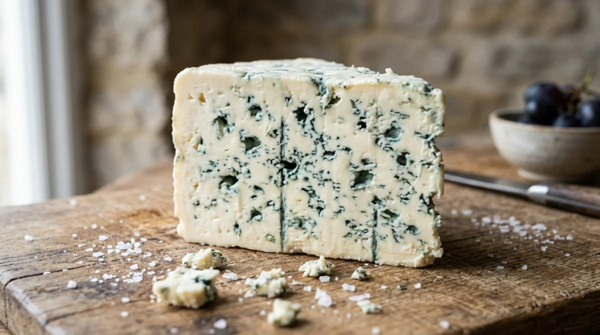 Gros plan sur une portion de fromage Roquefort persillé posée sur une planche en bois rustique.