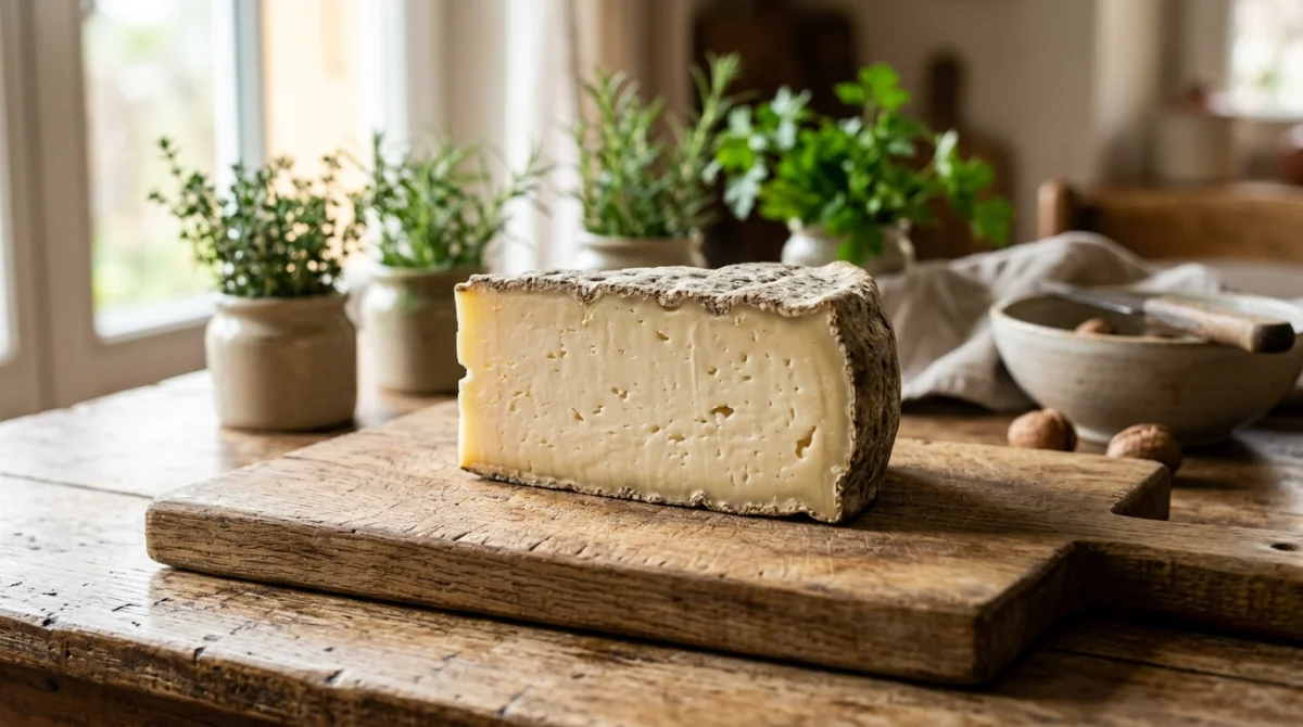 Tranche de tomme artisanale sur une planche en bois rustique, idéale pour une alimentation saine pendant la grossesse.