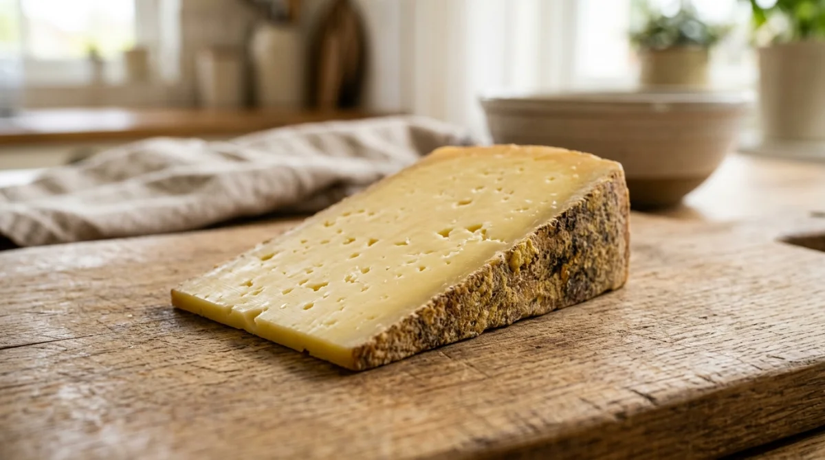 Tranche de fromage gruyère finement coupée sur une planche en bois dans une cuisine lumineuse et saine.