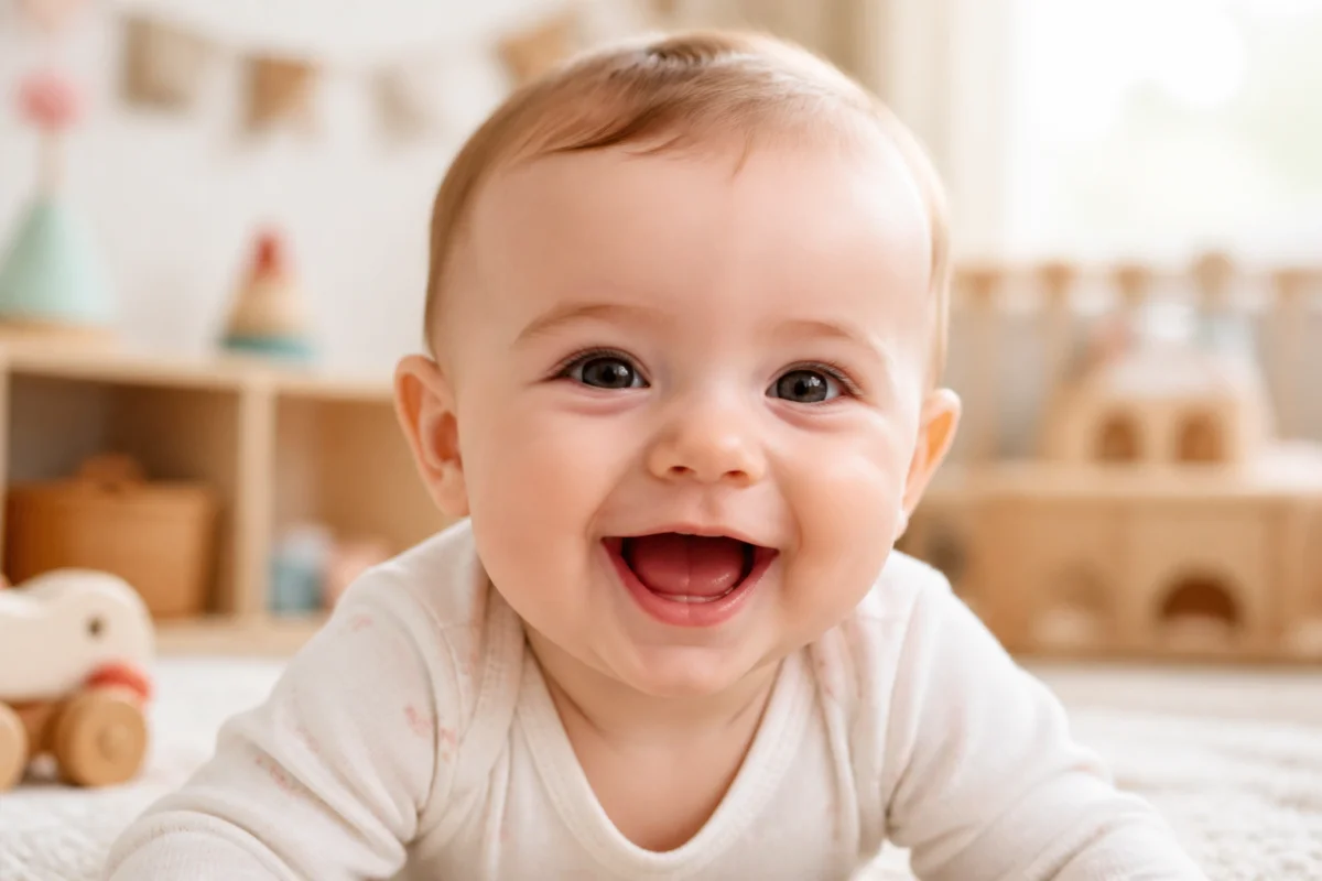 Bébé de six mois souriant joyeusement dans une chambre lumineuse illustrant quand bébé commence à rire.