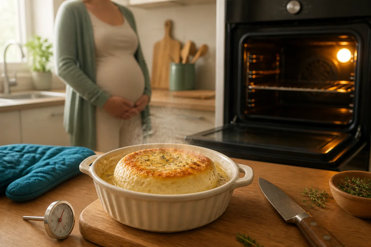 Chavroux enceinte : fromage de chèvre cuit au four, fumant, dans une cuisine familiale lumineuse