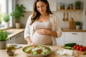 Femme enceinte observant une salade fraîche au fromage de chèvre, précautions liées au Chavroux enceinte en cuisine
