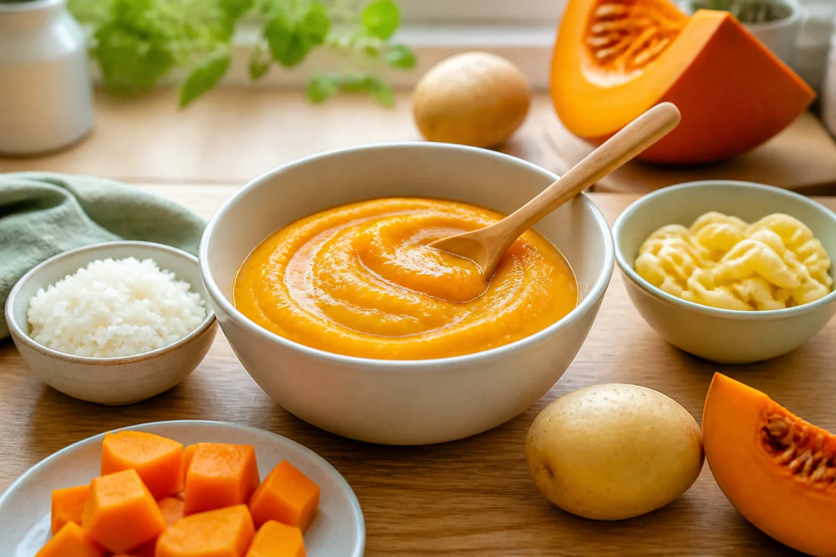 Purée de potiron pour bébé mélangée à la pomme de terre, avec riz tendre et pâtes fondantes