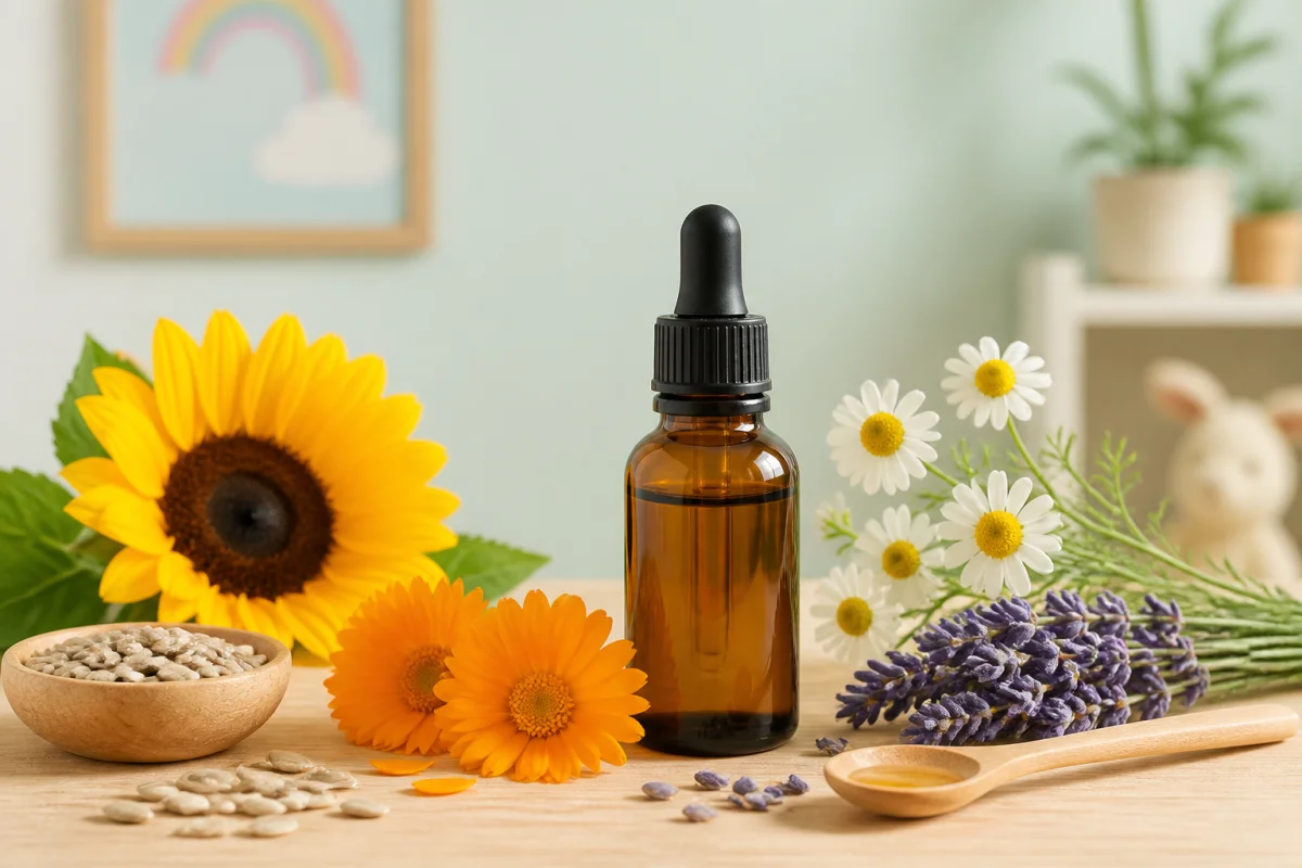 Pototam avis : flacon d’huile biologique pour les premières dents, entouré de tournesol, calendula, camomille et lavande.