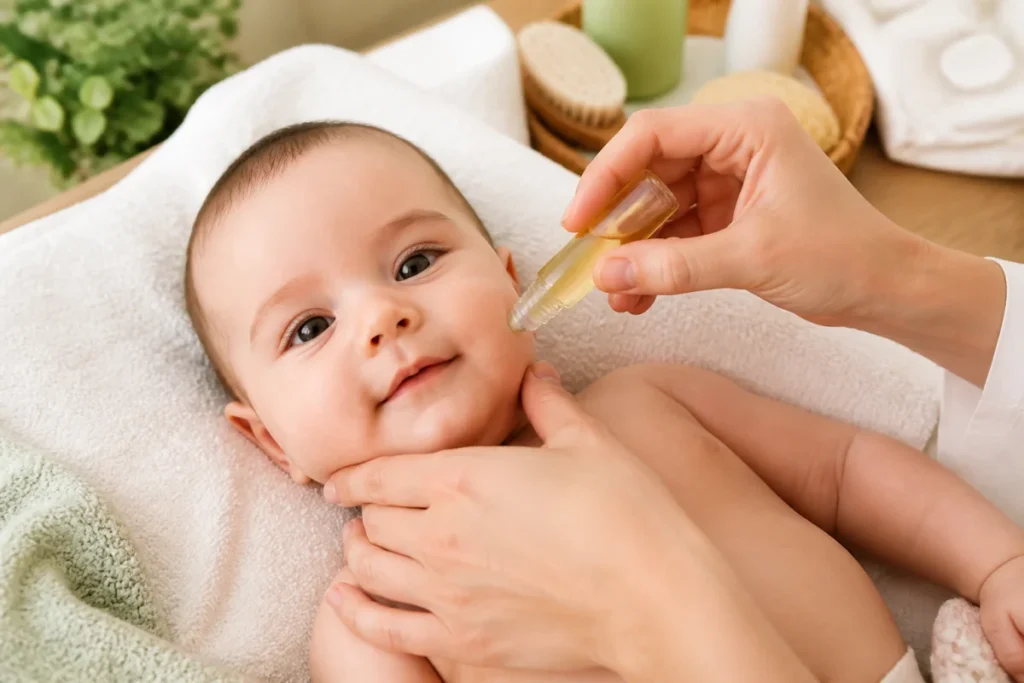 Pototam avis : parent appliquant délicatement une huile roll-on sur la joue d’un bébé pour soulager les premières quenottes