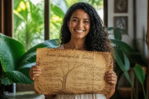 Personne souriante tenant un arbre généalogique ancien pour illustrer la recherche d'un nom de famille brésilien.